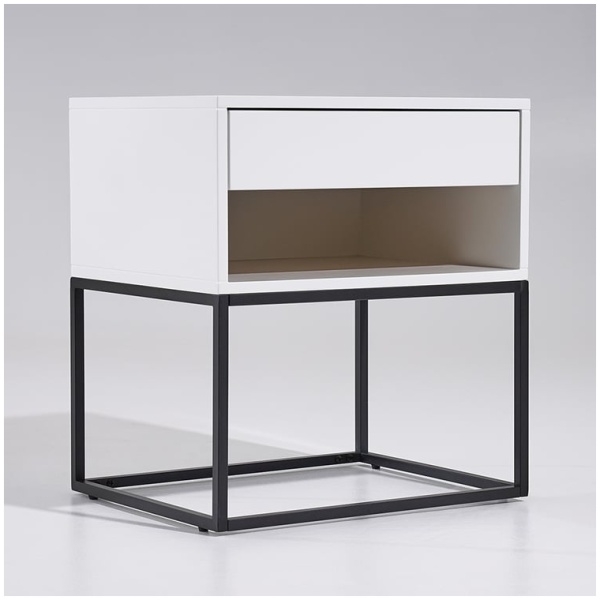 June Modern Wood and Steel Pedestal in White, Side profile of the June pedestal showing the steel frame