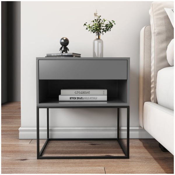 June Modern Wood and Steel Pedestal in White, Side profile of the June pedestal showing the steel frame