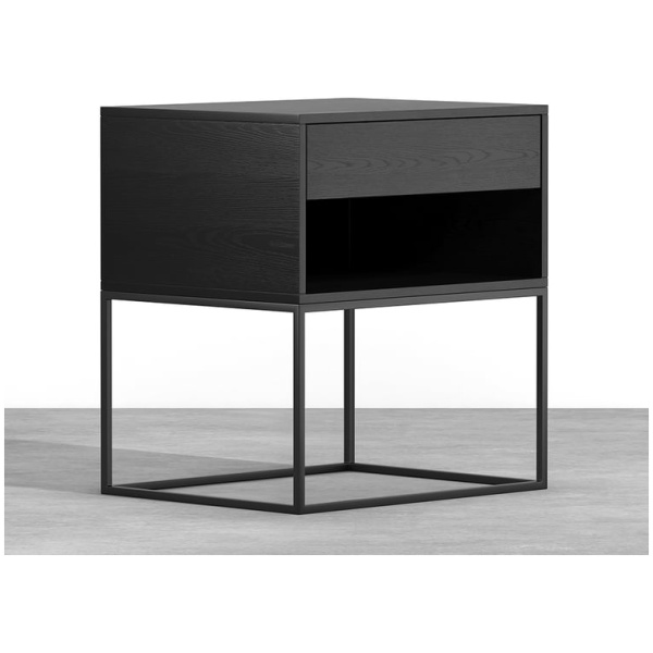 June Modern Wood and Steel Pedestal in White, Side profile of the June pedestal showing the steel frame