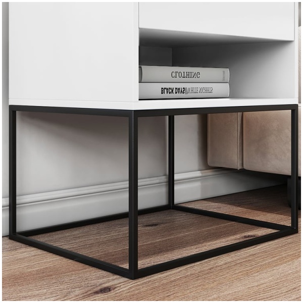 June Modern Wood and Steel Pedestal in White, Side profile of the June pedestal showing the steel frame