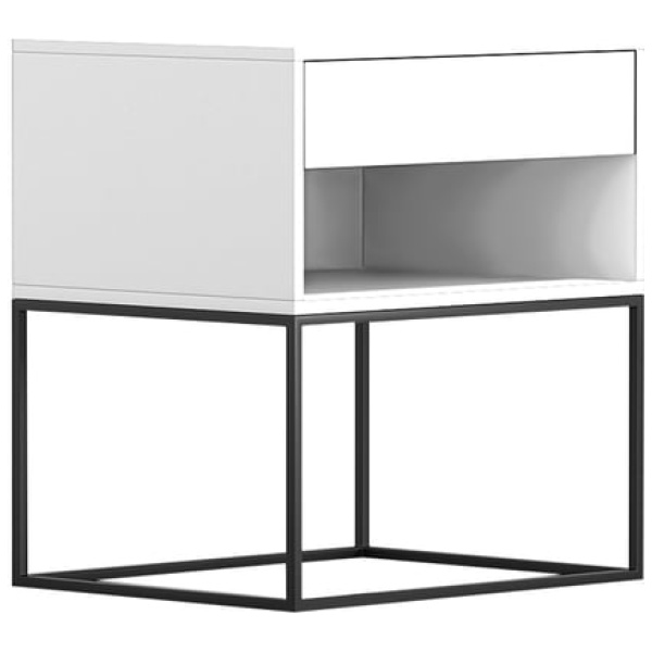 June Modern Wood and Steel Pedestal in White, Side profile of the June pedestal showing the steel frame