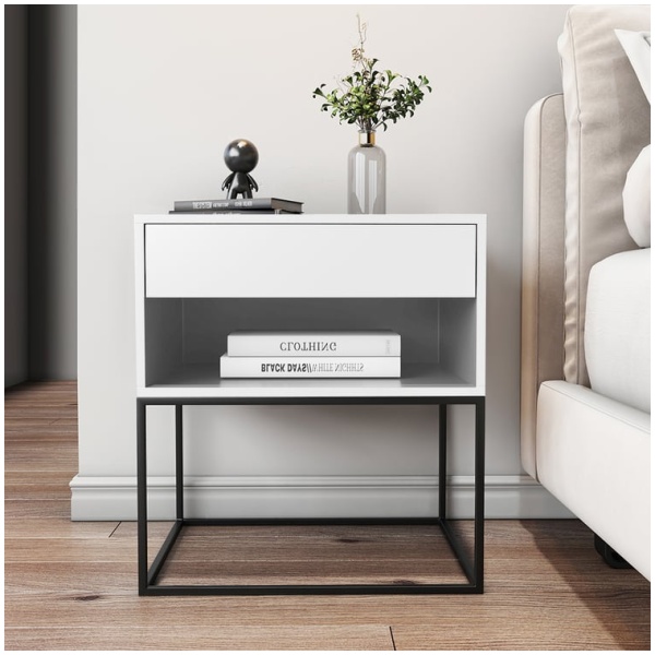 June Modern Wood and Steel Pedestal in White, Side profile of the June pedestal showing the steel frame