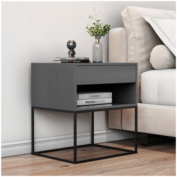 June Modern Wood and Steel Pedestal in White, Side profile of the June pedestal showing the steel frame