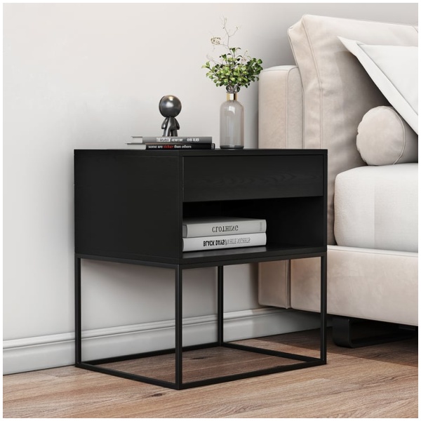 June Modern Wood and Steel Pedestal in White, Side profile of the June pedestal showing the steel frame