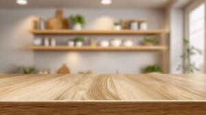 wooden-tabletop-with-blurred-kitchen-background-suitable-for-product-display-and-mockups-in-interior-design-photo